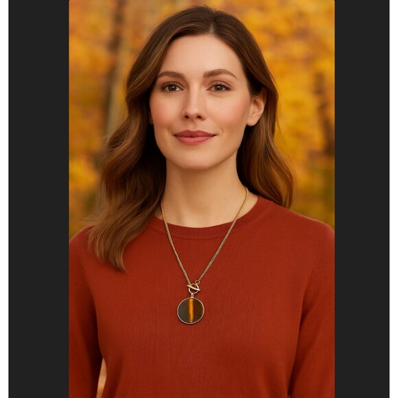 J. Jill Necklace Open Roads 2-in-1 Semi-Precious Pendant Moss Agate Tiger’s Eye - Picture 1 of 13